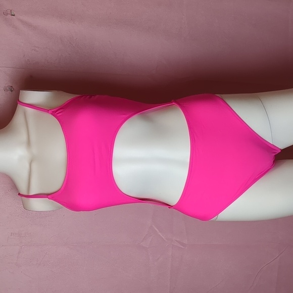 Neon Pink One Piece Lace Up Back Cut Out Front One Piece Monokini Swimsuit - Picture 1 of 5